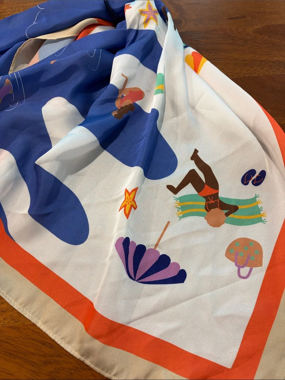 Anthropologie Blue, White and Orange Swim-Print Silk Scarf